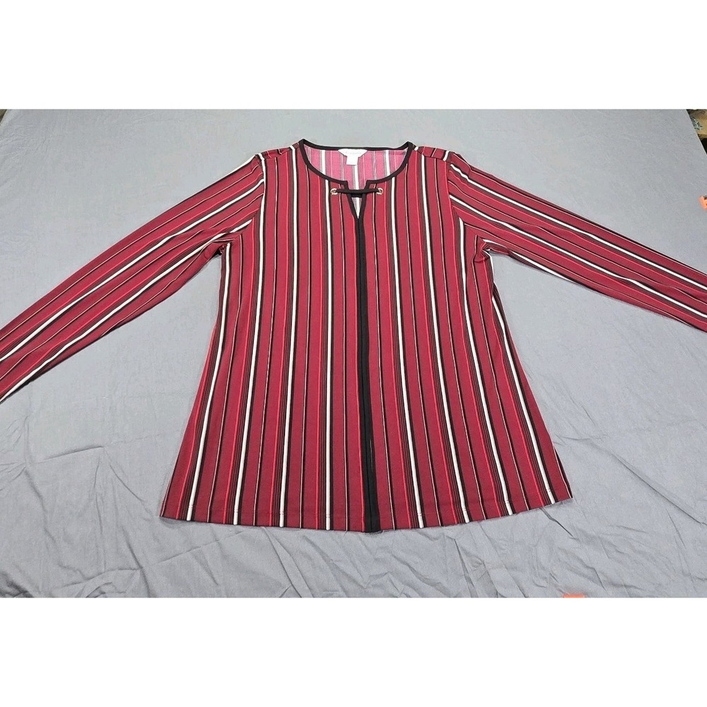 Liz Claibourne Womens Blouse Large LS Red White Black Stripe